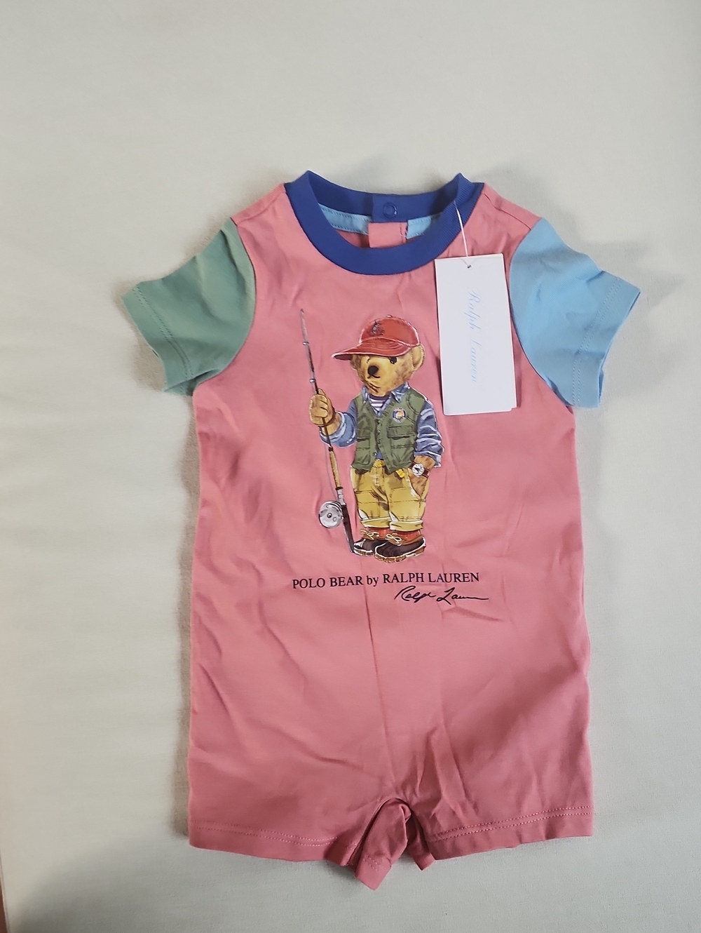 Ralph Lauren Pink Polo Bear Colorblock Baby Romper
